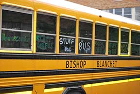 The Magic Bus, parked in the Quad for Homecoming Week, was packed with food, in hopes of earning a day off from school.