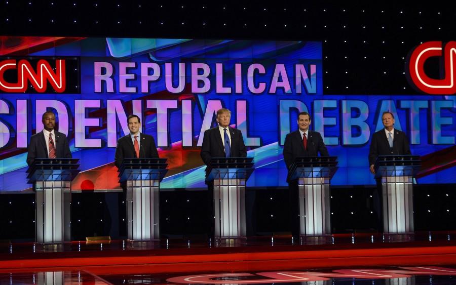 From left, Republican presidential candidates Dr. Ben Carson, Sen. Marco Rubio, (R-FL), businessman Donald Trump, Sen. Ted Cruz, (R-TX), and Ohio Gov. John Kasich, are introduced during a debate sponsored by CNN, Telemundo, Salem Media Group and the RNC at the University of Houstons Moores School of Music Opera House on Thursday, Feb. 25, 2016. 