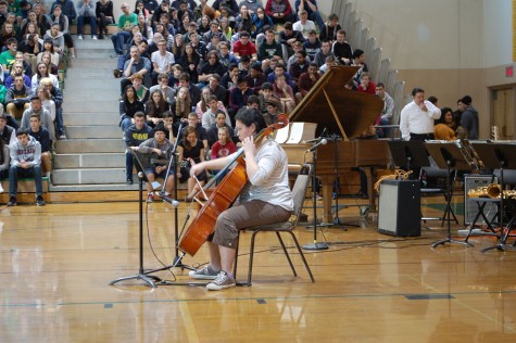 Senior Sarah Fesalbon performs her first solo on the cello in front of the Brave Community.