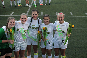 Seniors Emily Caley, Meghan Mason, Brooklyn Gomez, Becca McCullough and Katie Newman on Senior Night.