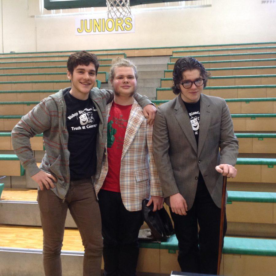 Nico Dangla, Felix Halvorson, and Lawrence McDonell prepare for the school preview of A Christmas Carol.