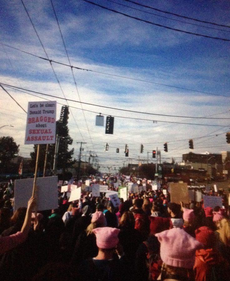 Seattle protesters march through the streets of downtown.