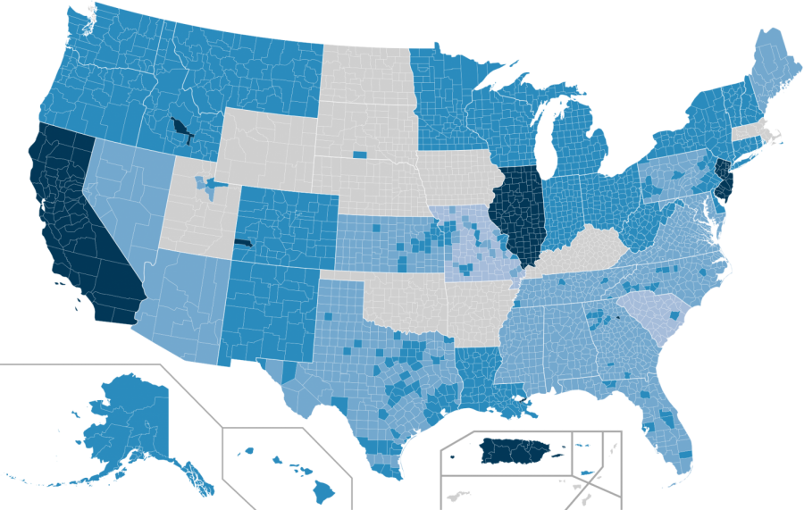 Map of counties in the United States that have imposed stay-at-home orders