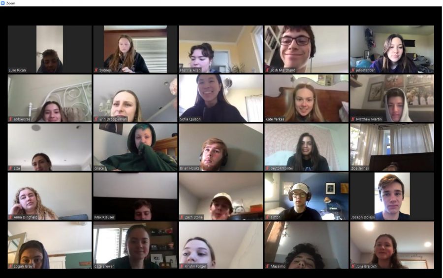 While discussing the complexity of the characters  in Dostoevsky’s Crime and Punishment, the class stops working to pose for this screenshot of Mr. Grasseschi’s First Period AP English Literature and Composition class.