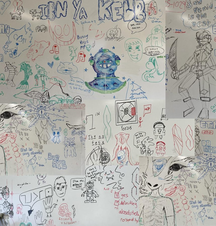 Doodles, drawings, symbols, and words, covering school whiteboards