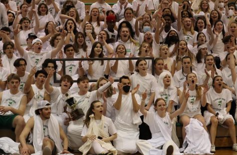 Senior class in togas at Tradition week assembly.