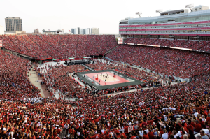Over 90,000 gather at the University of Nebraskas Memorial Stadium to watch a womens volleyball match